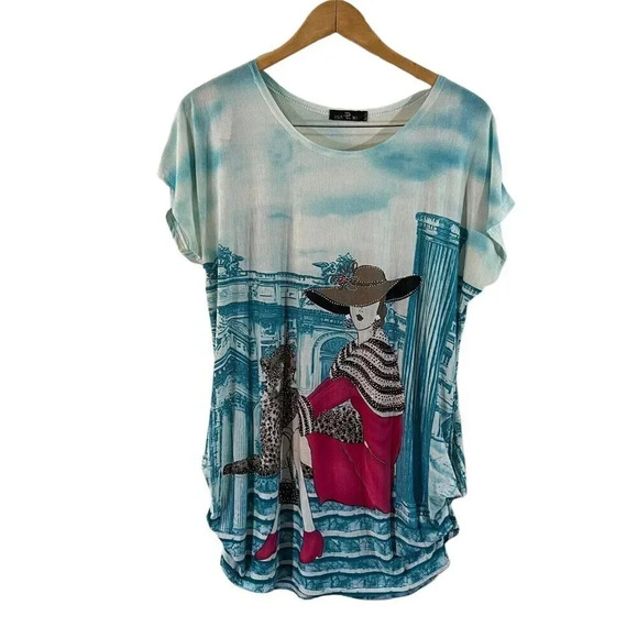 LP Rhinestone Studded Novelty Blouse XXL Woman Cheetah Building Ruched Stretch - Picture 1 of 15